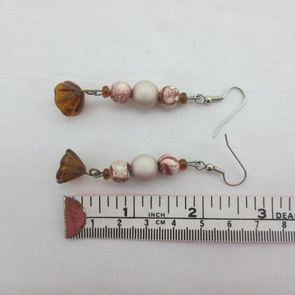 Pink Brown Lustrous White Floral Dangle Earrings - Picture 4 of 6